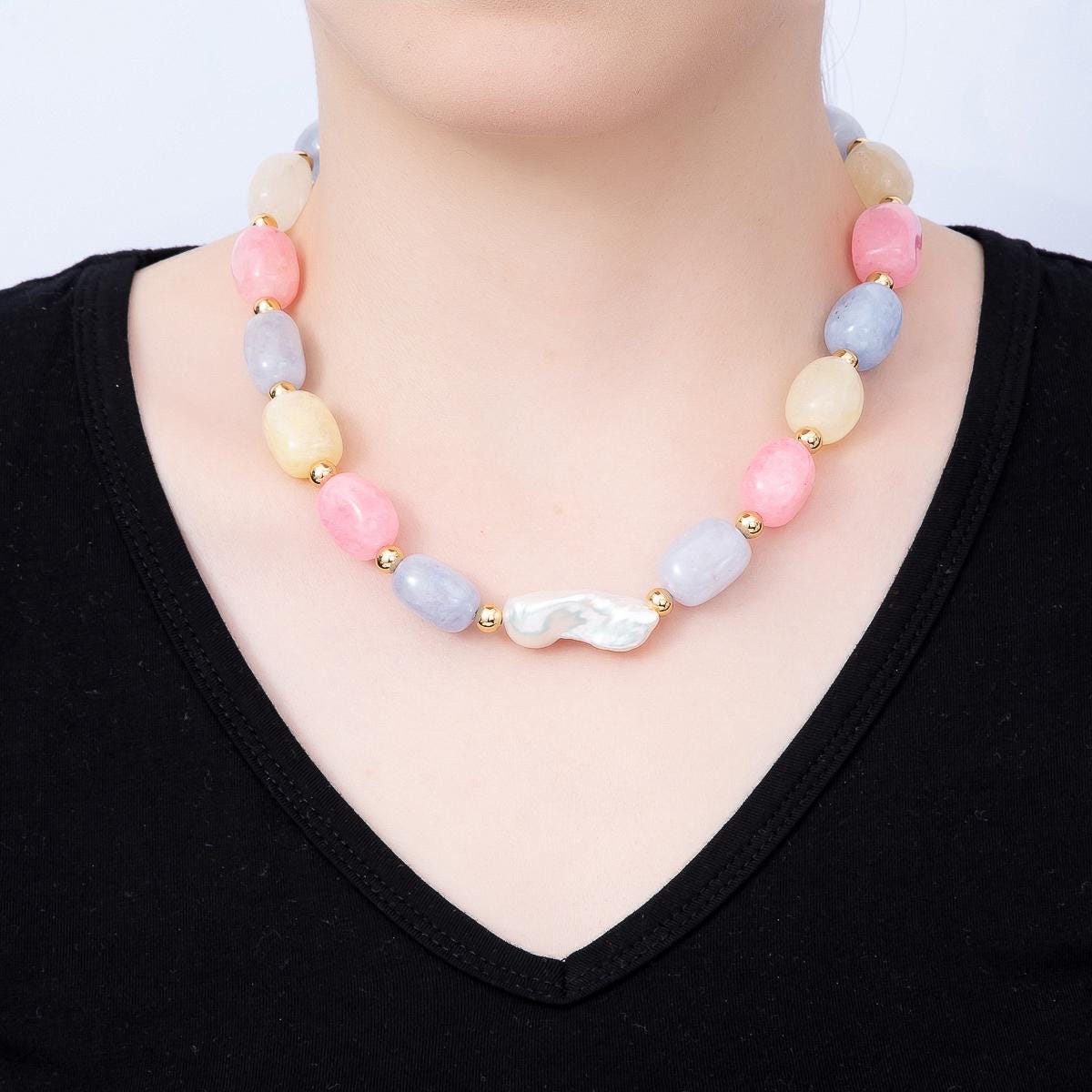 Colorful Gemstone Bead Necklace with Baroque Pearl, Pastel Cotton Candy Beaded Choker, Gold Accent Necklace, Summer Jewelry Gift WA-545