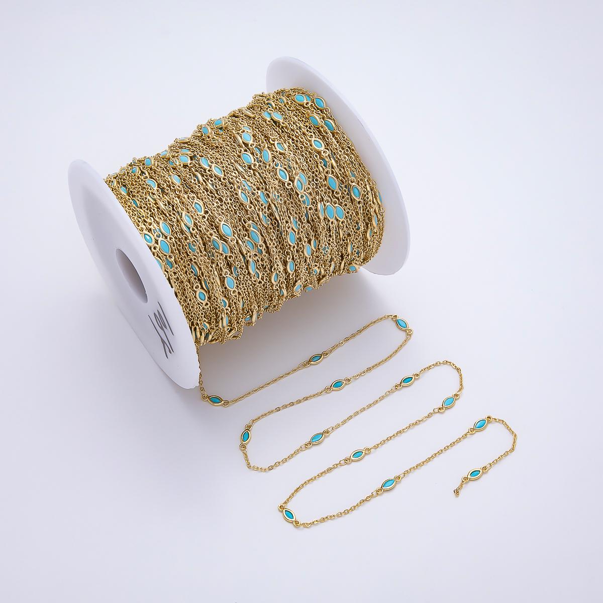 Turquoise Oval Chain, Gold Filled Micro Pave Eye Charm Chain by Yard Teal cz Chain for Jewelry Making Supply ROLL-1884