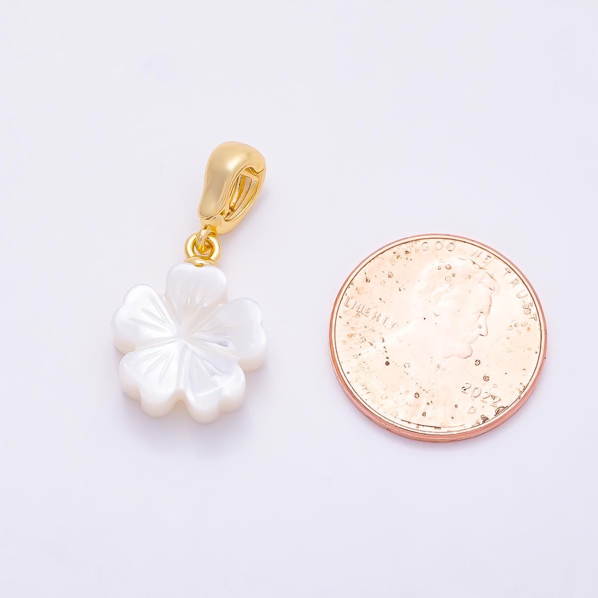 18K Gold Filled 17mm Shell Pearl Flower Snap Latch Pendant Carved White Clover Cherry Blossom Charm Latched Hinged Bail | Charms-01322