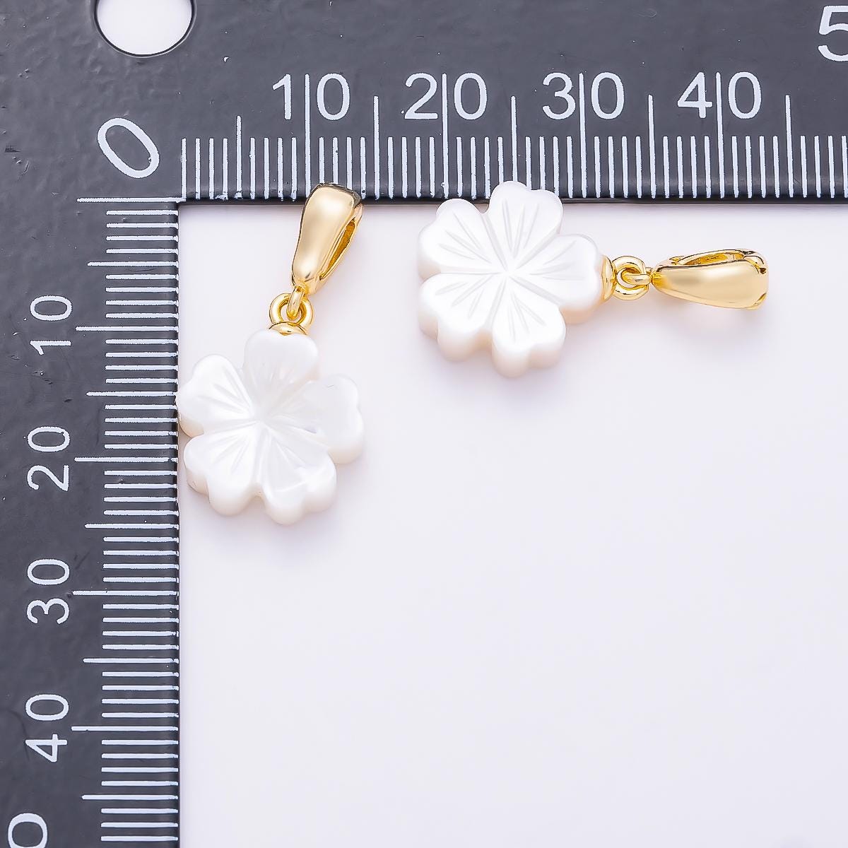 18K Gold Filled 17mm Shell Pearl Flower Snap Latch Pendant Carved White Clover Cherry Blossom Charm Latched Hinged Bail | Charms-01322