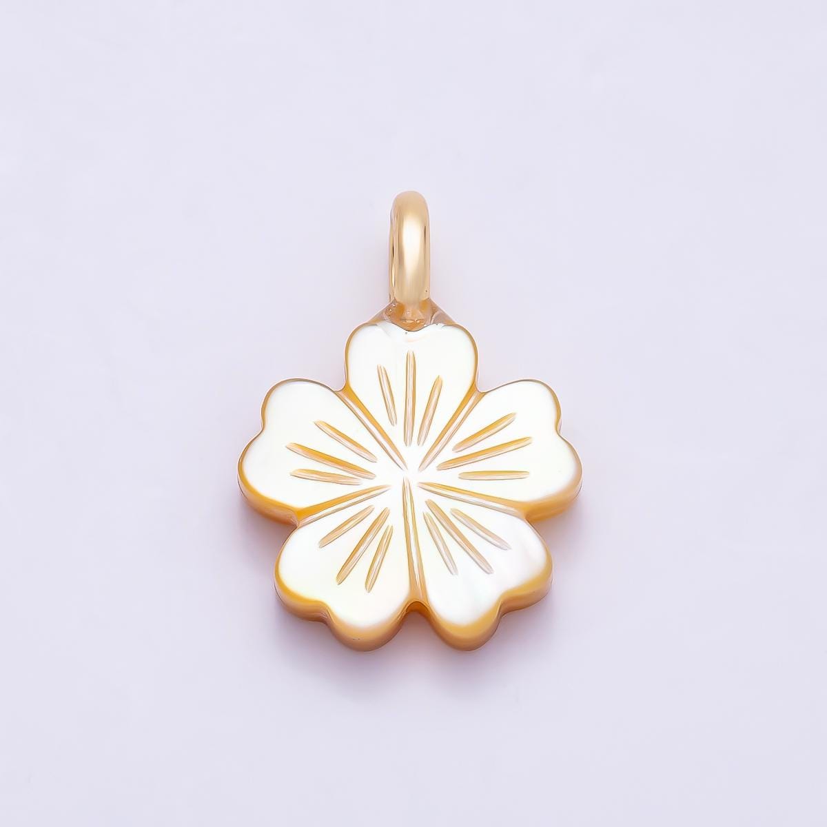 18K Gold Filled 17mm Shell Pearl Flower Snap Latch Pendant Carved White Clover Cherry Blossom Charm Latched Hinged Bail | Charms-01322