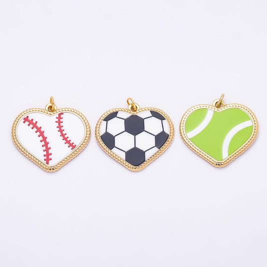 Gold Stainless Steel 25mm Tennis, Baseball, Soccer Enamel Bezel Heart Charm Game Day Team Jewelry Making Supplies Necklace | Charms-01335