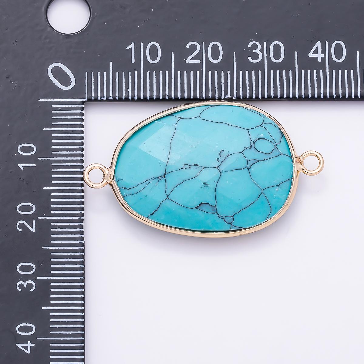18K Gold Filled 23mm Blue Turquoise Multifaceted Bezel Connector Faceted Oval Gemstone Double Loop Charm Western Boho | Connectors-00032