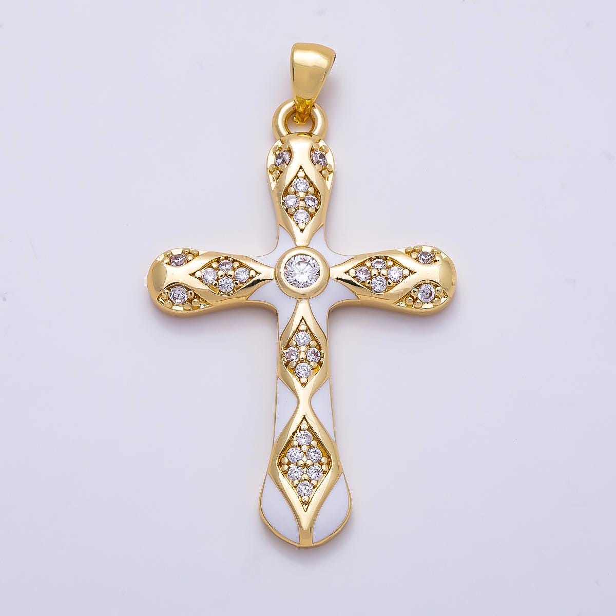 16K Gold Filled 37mm White, Green, Red Enamel Micro Paved CZ Geometric Cross Pendant Holy Religious Necklace Jewelry Supply | Charms-01316