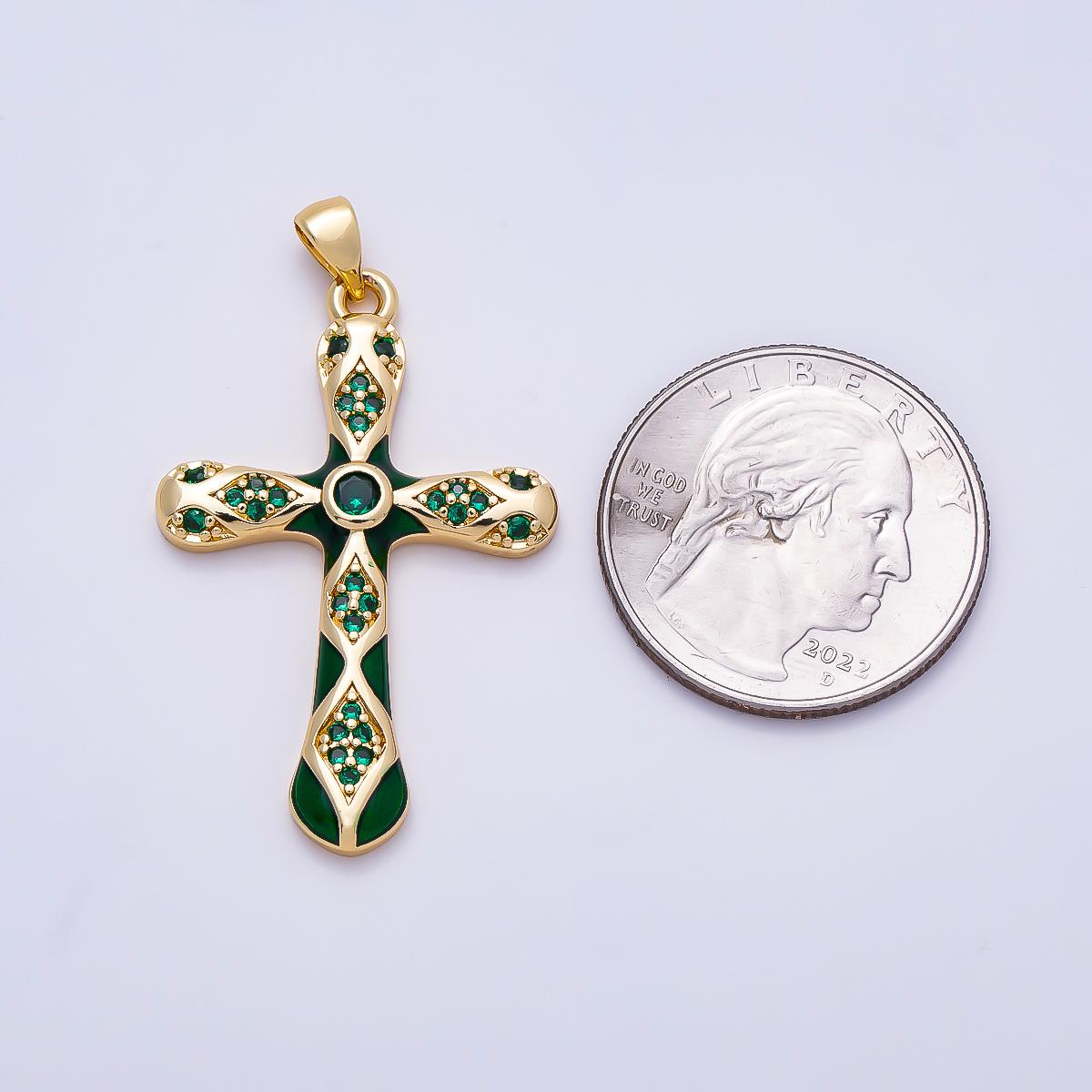 16K Gold Filled 37mm White, Green, Red Enamel Micro Paved CZ Geometric Cross Pendant Holy Religious Necklace Jewelry Supply | Charms-01316
