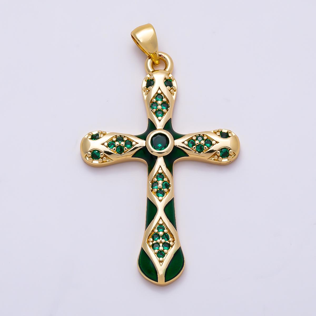 16K Gold Filled 37mm White, Green, Red Enamel Micro Paved CZ Geometric Cross Pendant Holy Religious Necklace Jewelry Supply | Charms-01316
