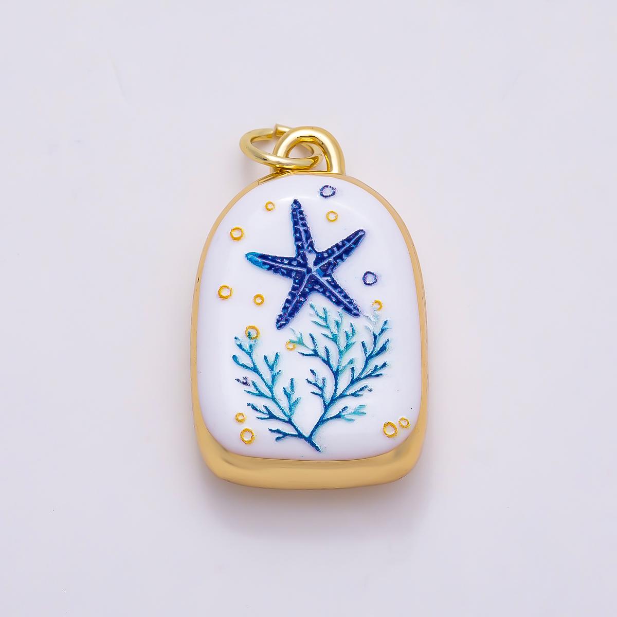16k Gold Filled 21mm Ceramic Style Blue & White Enamel Nautical Marine Charms Turtle Seahorse Starfish Pendant Jewelry Supply | CHARMS-01280