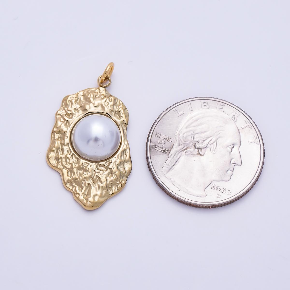 PVD Gold Stainless Steel 30mm White Shell Pearl Hammered Molten Charm Abstract Trendy Jewelry DIY Supply for custom Necklace | Charms-01437
