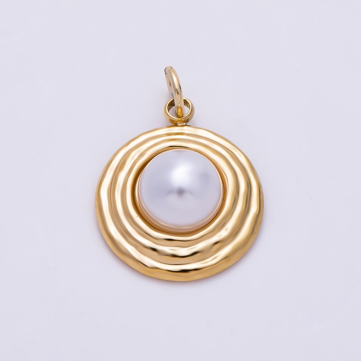 PVD Gold Stainless Steel 18mm White Shell Pearl Ribbed Round Charm Circle Wave Medallion Pendant for Boho Necklace Bracelet | Charms-01439