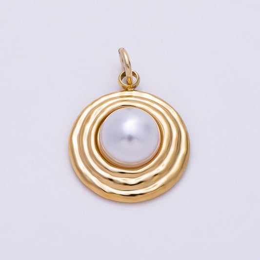 PVD Gold Stainless Steel 18mm White Shell Pearl Ribbed Round Charm Circle Wave Medallion Pendant for Boho Necklace Bracelet | Charms-01439