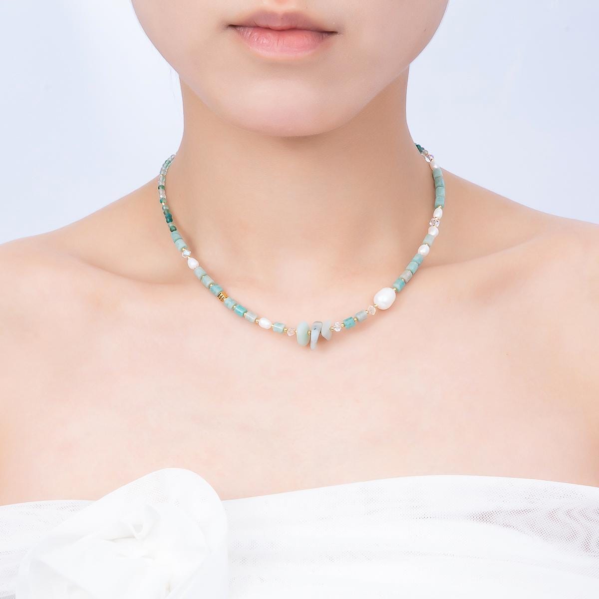 Handmade 4mm Shell Pearl Amazonite Tube Round Gemstone Chain 16 Inch Necklace Coastal Boho Mermaid Jewelry Gift for Her | WA-00317