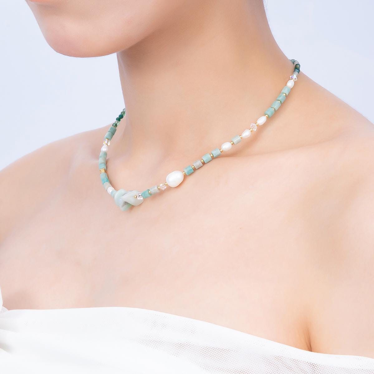 Handmade 4mm Shell Pearl Amazonite Tube Round Gemstone Chain 16 Inch Necklace Coastal Boho Mermaid Jewelry Gift for Her | WA-00317