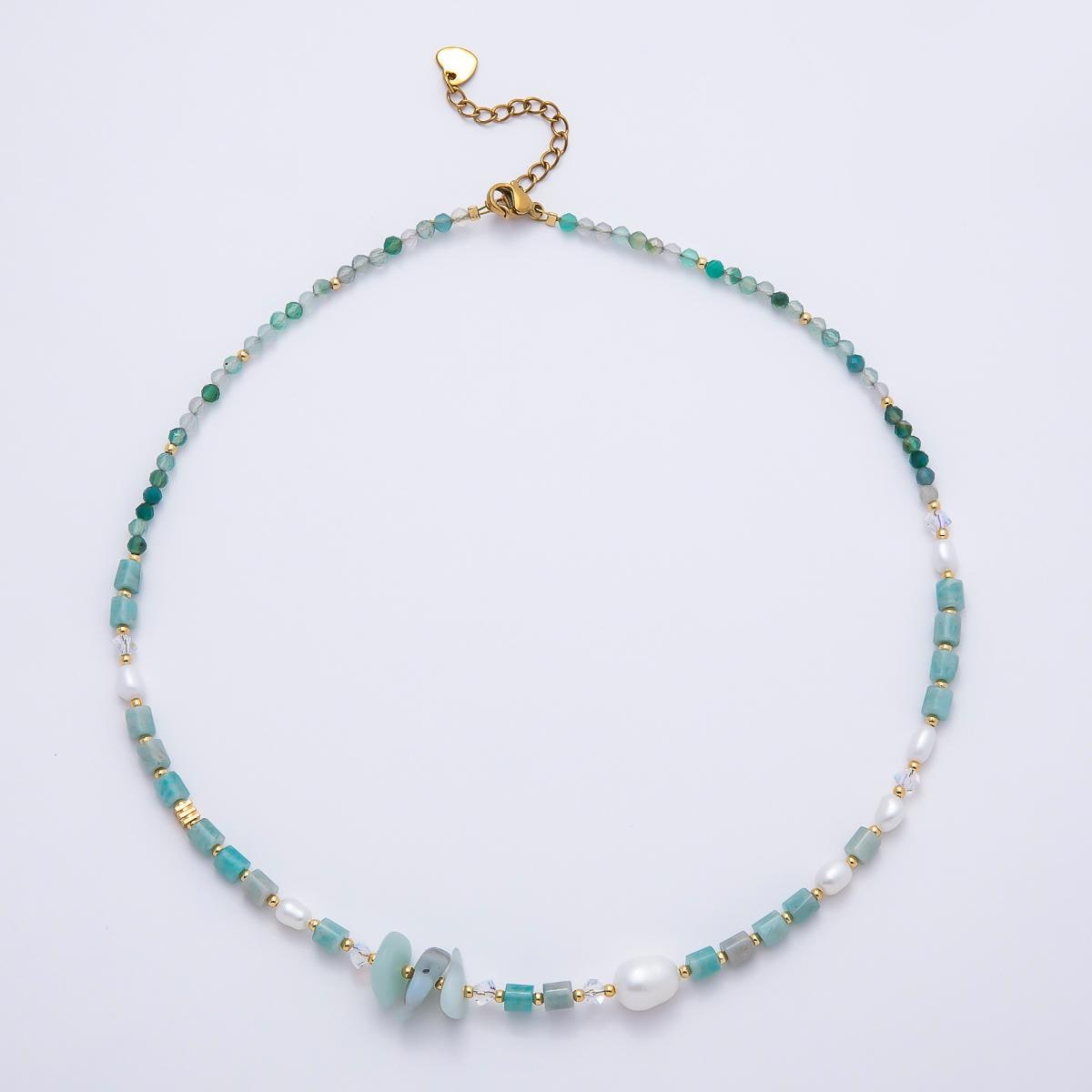 Handmade 4mm Shell Pearl Amazonite Tube Round Gemstone Chain 16 Inch Necklace Coastal Boho Mermaid Jewelry Gift for Her | WA-00317