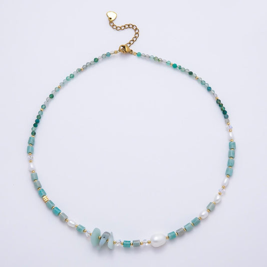 Handmade 4mm Shell Pearl Amazonite Tube Round Gemstone Chain 16 Inch Necklace Coastal Boho Mermaid Jewelry Gift for Her | WA-00317