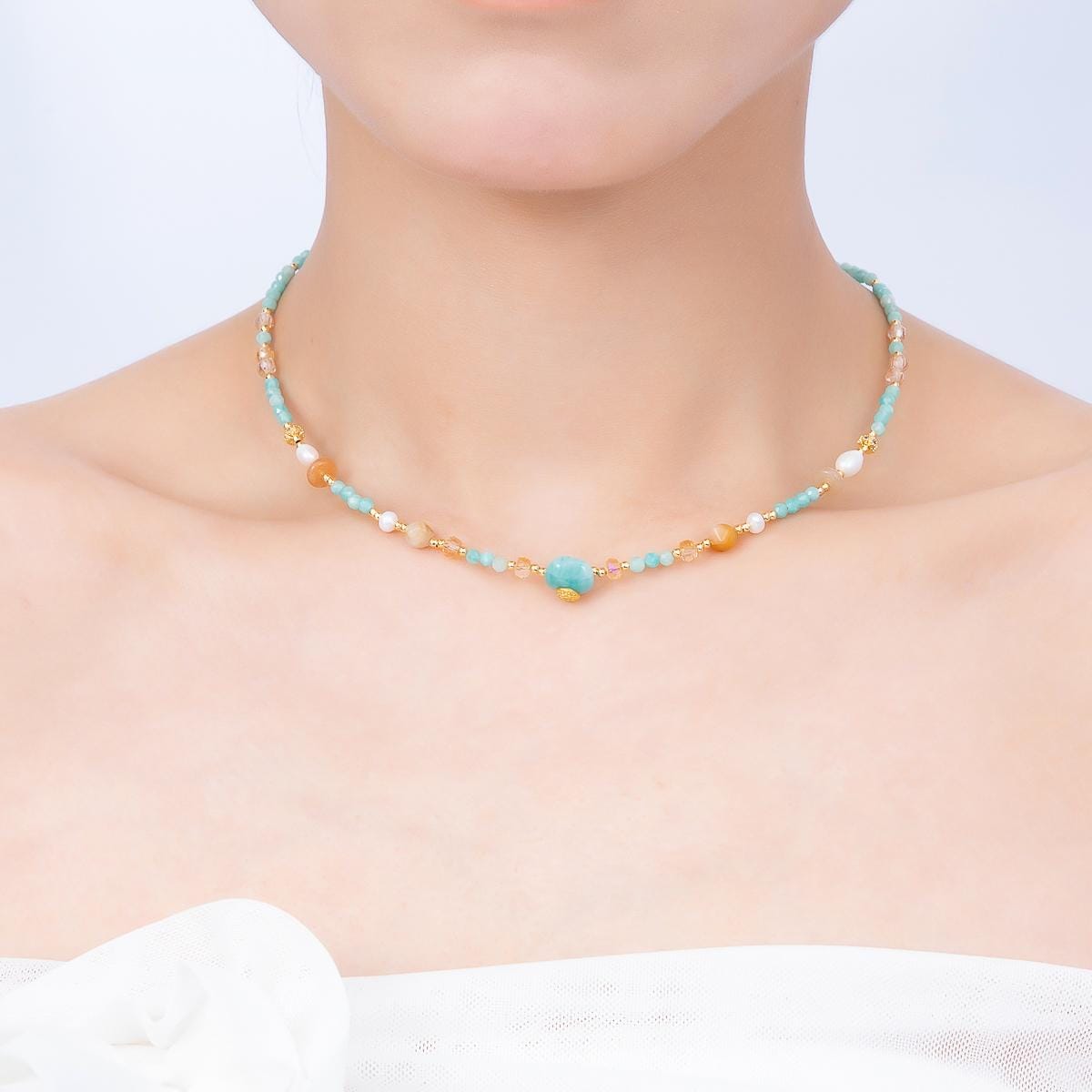 Handmade 4mm Citrine Aquamarine Round Gemstone Chain 16 Inch Necklace Boho Beach Summer Coastal Jewelry Gift for Her | WA-00319