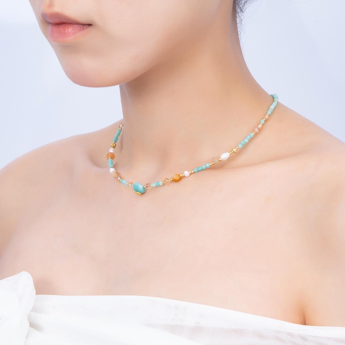 Handmade 4mm Citrine Aquamarine Round Gemstone Chain 16 Inch Necklace Boho Beach Summer Coastal Jewelry Gift for Her | WA-00319
