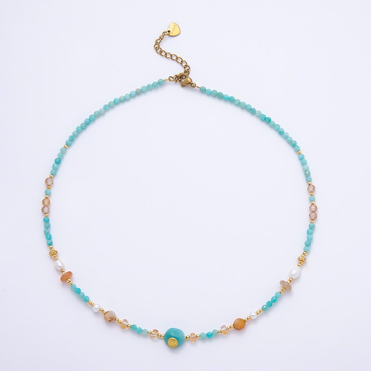 Handmade 4mm Citrine Aquamarine Round Gemstone Chain 16 Inch Necklace Boho Beach Summer Coastal Jewelry Gift for Her | WA-00319