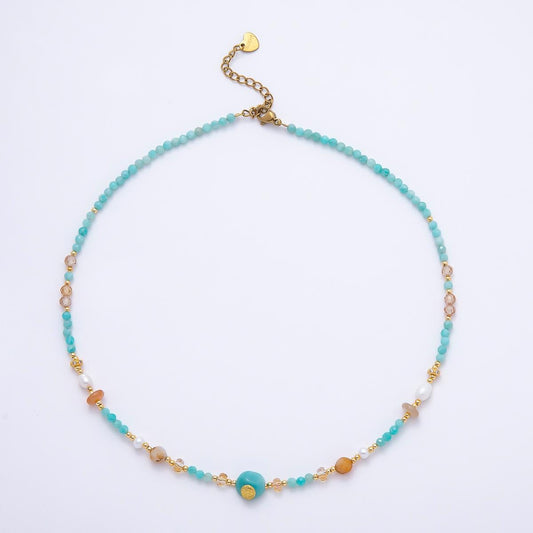 Handmade 4mm Citrine Aquamarine Round Gemstone Chain 16 Inch Necklace Boho Beach Summer Coastal Jewelry Gift for Her | WA-00319
