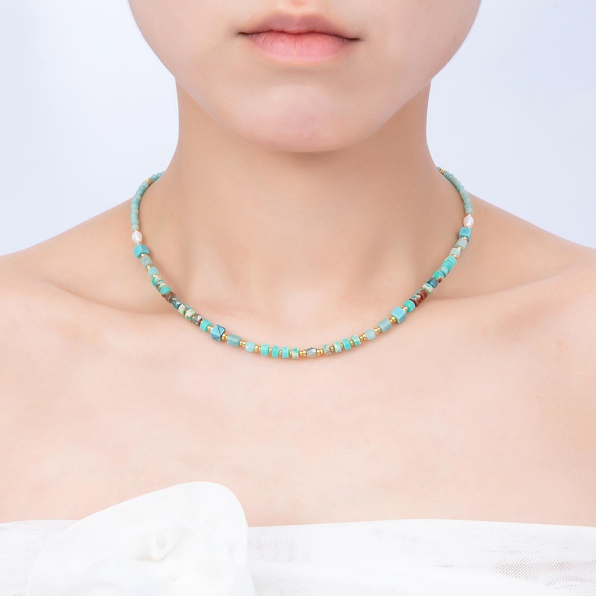 Handmade 4mm Turquoise Tube Rondelle Multifaceted Round Gemstone Chain 16 Inch Necklace Boho Summer Jewelry Gift for Her | WA-00326