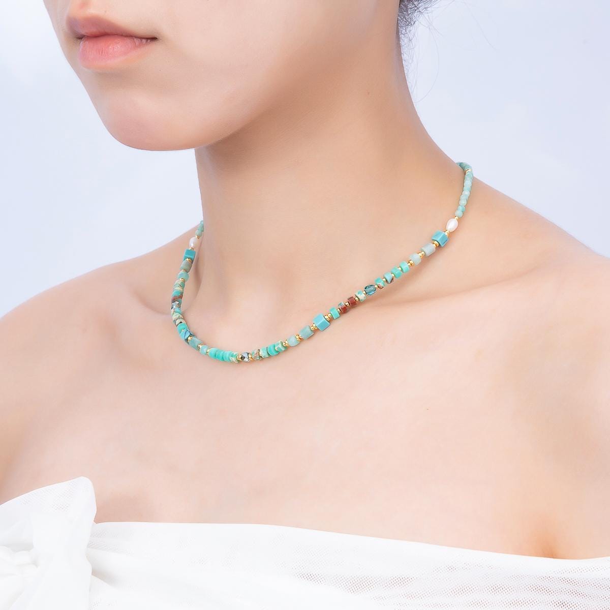 Handmade 4mm Turquoise Tube Rondelle Multifaceted Round Gemstone Chain 16 Inch Necklace Boho Summer Jewelry Gift for Her | WA-00326