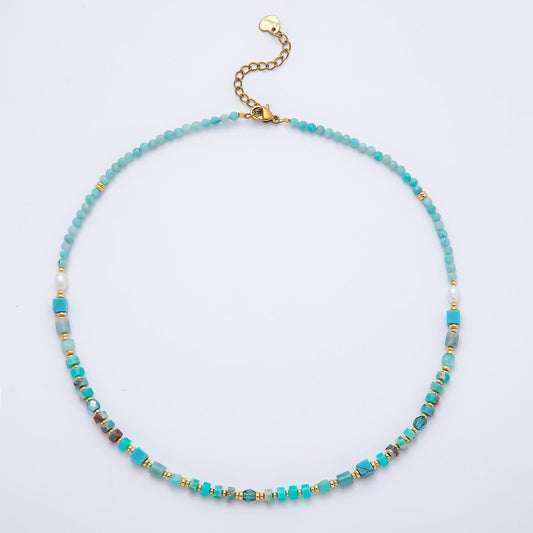 Handmade 4mm Turquoise Tube Rondelle Multifaceted Round Gemstone Chain 16 Inch Necklace Boho Summer Jewelry Gift for Her | WA-00326