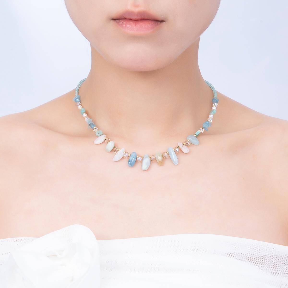 Handmade 3mm Blue Aquamarine Spiked Multifaceted Round Gemstone Chain 16 Inch Necklace Elegant Wedding Jewelry for Her | WA-00382