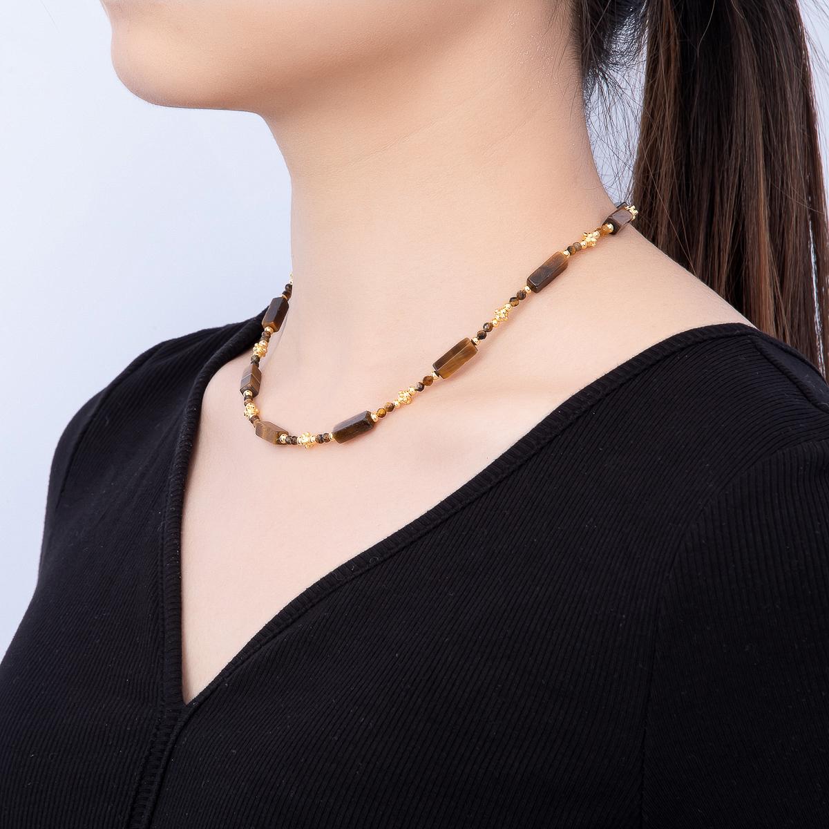 Handmade 3mm Tiger Eye Tube Rectangle Multifaceted Round Gemstone Chain 16.5 Inch Necklace Trendy Earthy Boho Jewelry | WA-00427