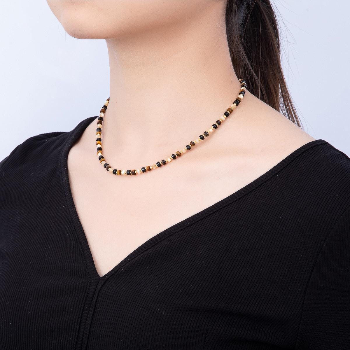 Handmade 3mm Tiger Eye Tube Rectangle Multifaceted Round Gemstone Chain 16.5 Inch Necklace Boho Earthy Jewelry Festival Theme | WA-00427