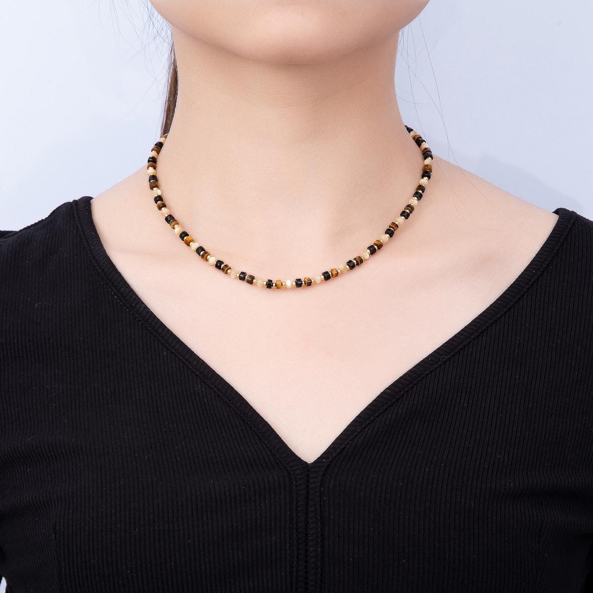 Handmade 3mm Tiger Eye Tube Rectangle Multifaceted Round Gemstone Chain 16.5 Inch Necklace Boho Earthy Jewelry Festival Theme | WA-00427