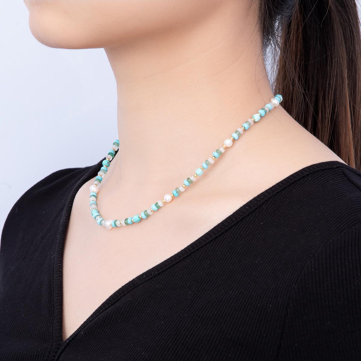Handmade 4mm Shell Pearl Turquoise Aventurine Clear Quartz Rondelle Gemstone Chain 16in Necklace Iridescent Crystal Summer Theme | WA-00451