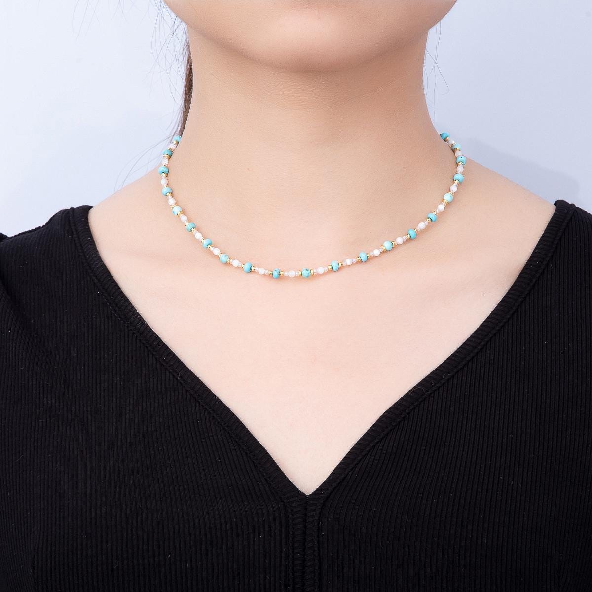 Handmade 4mm Turquoise Aventurine White Quartz Rondelle Gemstone Chain 16 Inch Necklace Dainty Boho Choker Statement Jewlery | WA-00453