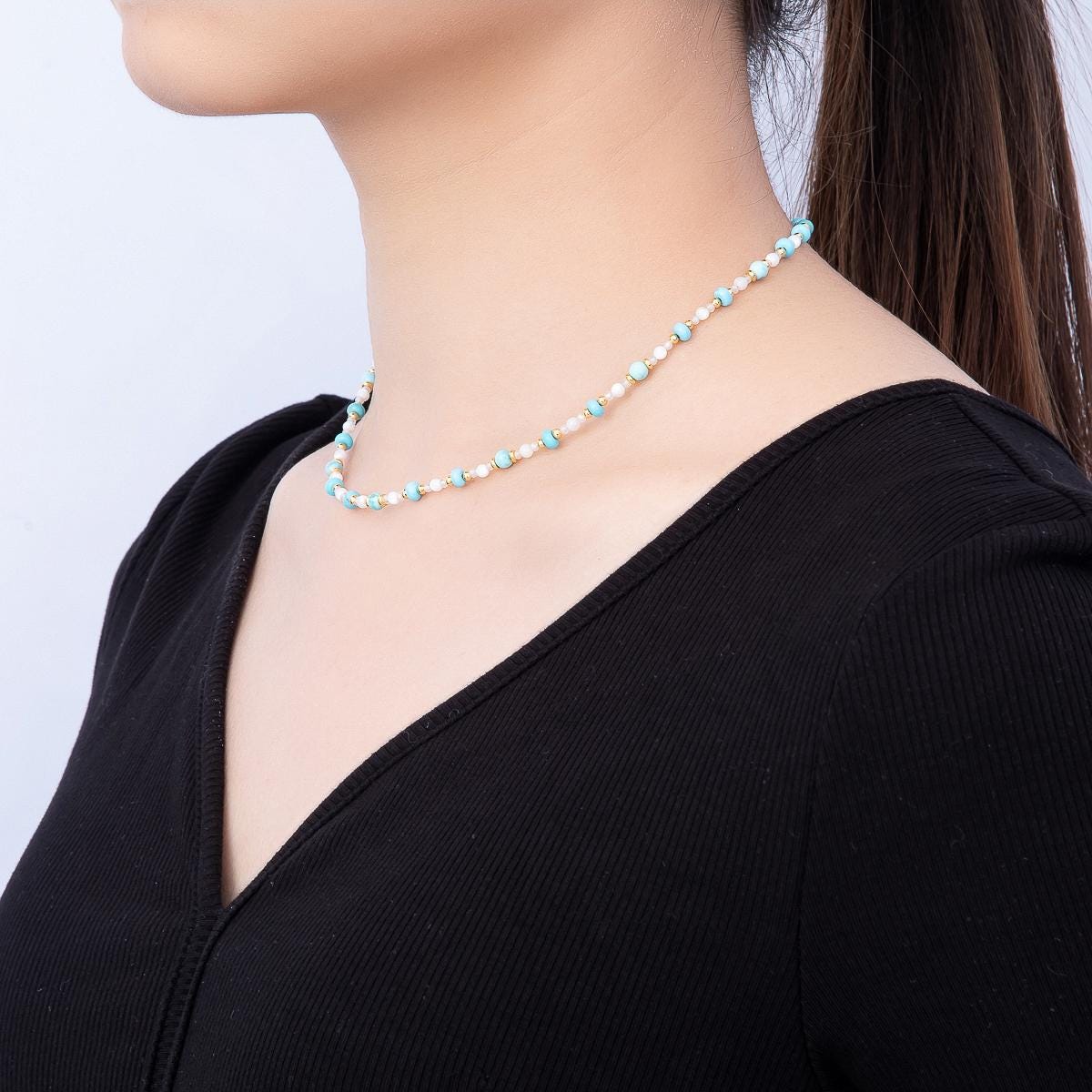 Handmade 4mm Turquoise Aventurine White Quartz Rondelle Gemstone Chain 16 Inch Necklace Dainty Boho Choker Statement Jewlery | WA-00453