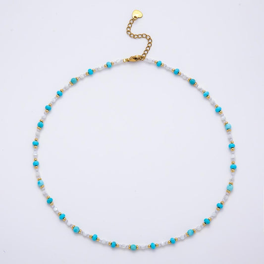 Handmade 4mm Turquoise Aventurine White Quartz Rondelle Gemstone Chain 16 Inch Necklace Dainty Boho Choker Statement Jewlery | WA-00453