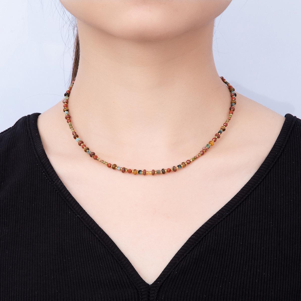 Handmade 4mm Earth Red Jasper Unakite Rondelle Gemstone Chain 16 Inch Layering Necklace Boho Jewelry Gift for Her | WA-00459