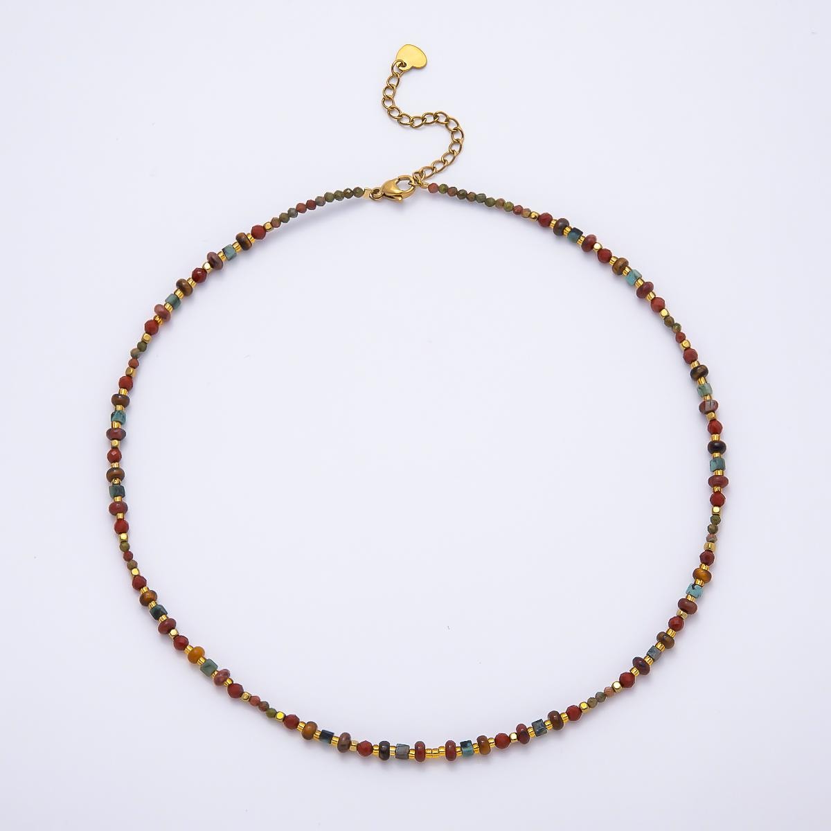 Handmade 4mm Earth Red Jasper Unakite Rondelle Gemstone Chain 16 Inch Layering Necklace Boho Jewelry Gift for Her | WA-00459