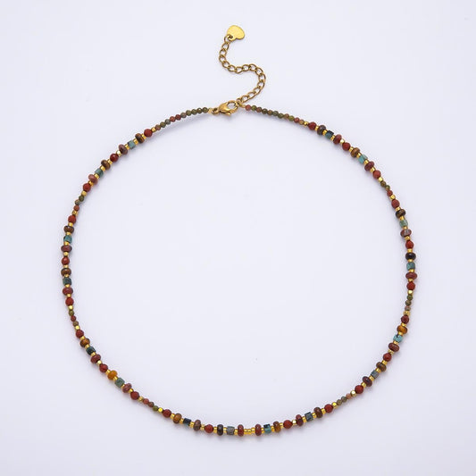 Handmade 4mm Earth Red Jasper Unakite Rondelle Gemstone Chain 16 Inch Layering Necklace Boho Jewelry Gift for Her | WA-00459