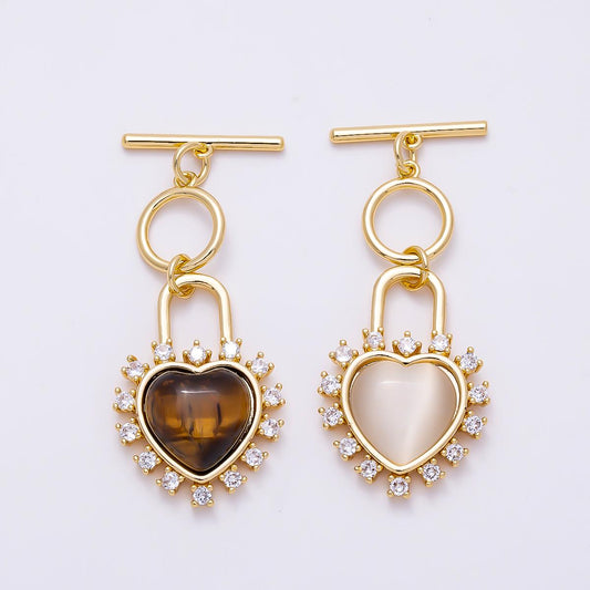 16K Gold Filled Cats Eye, Tiger Eye CZ Heart Padlock Toggle Clasps Closure Component for Bracelet Necklace Making DIY Supply| Findings-00415