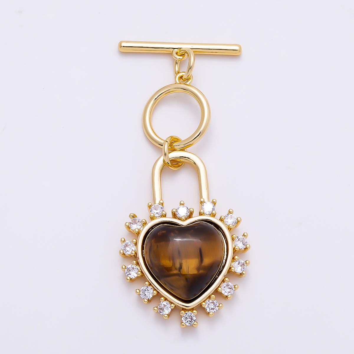 16K Gold Filled Cats Eye, Tiger Eye CZ Heart Padlock Toggle Clasps Closure Component for Bracelet Necklace Making DIY Supply| Findings-00415