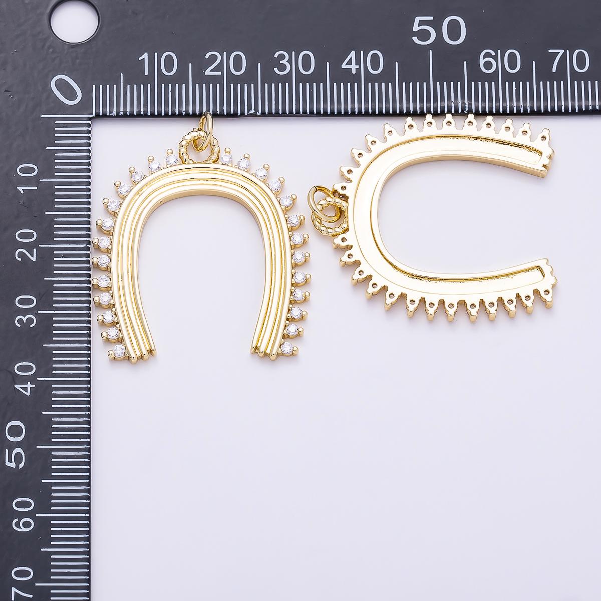 16K Gold Filled 35mm CZ Lined Ribbed Horseshoe Charm Grooved Western Lucky Pendant Equestrian Necklace Component | Charms-01352