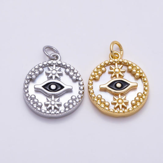 16K Gold Filled 18mm Star Evil Eye Black Enamel Shell Pearl Round Charm in Gold & Silver Celestial Sun Star Medallion Supply | Charms-01353