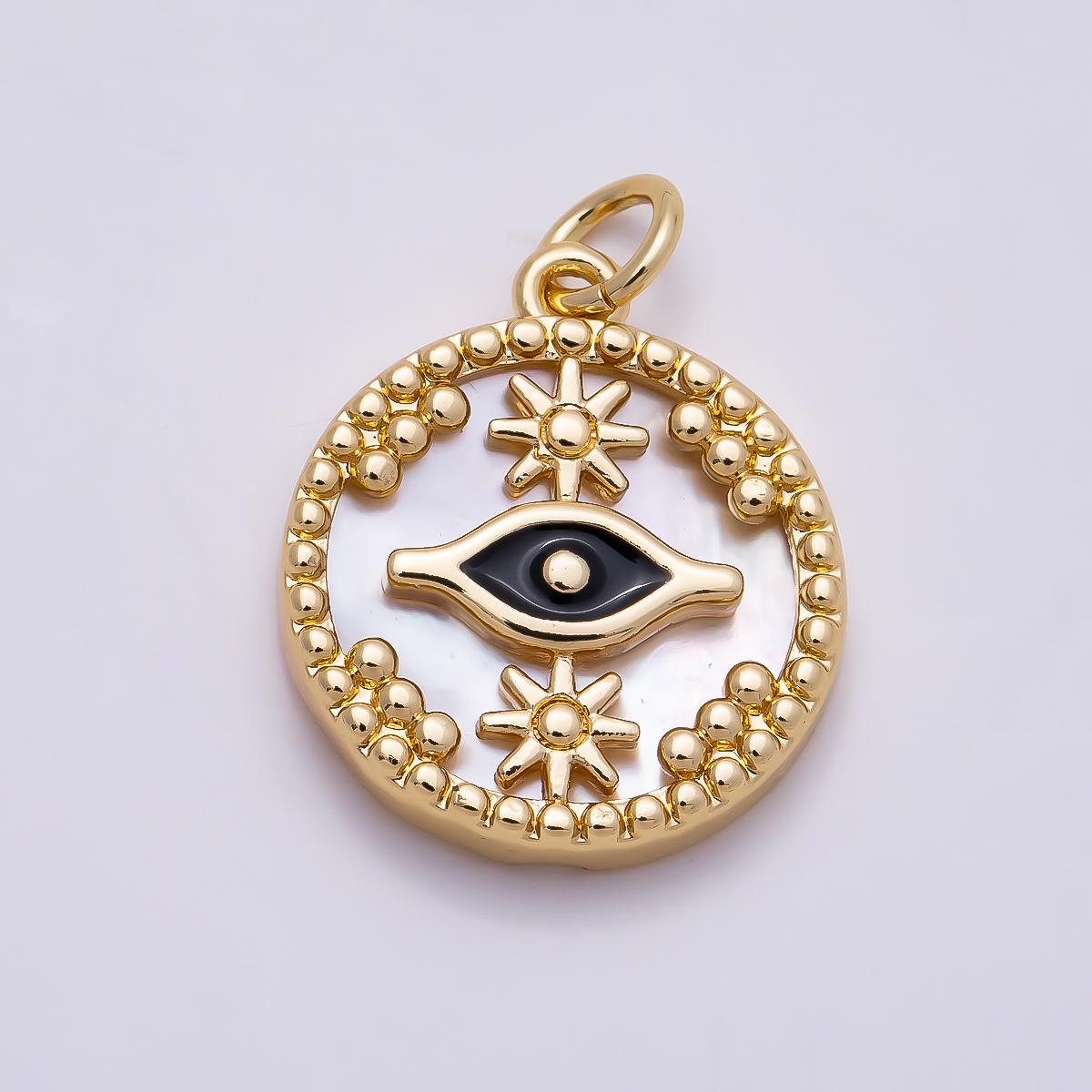 16K Gold Filled 18mm Star Evil Eye Black Enamel Shell Pearl Round Charm in Gold & Silver Celestial Sun Star Medallion Supply | Charms-01353