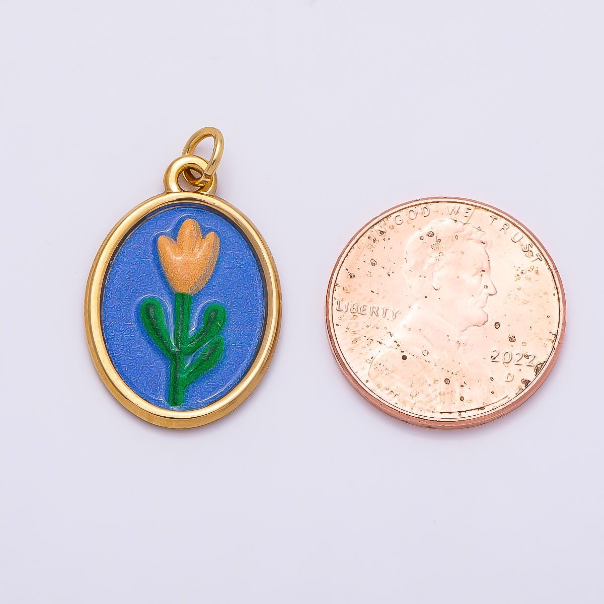 PVD Gold Stainless Steel 22mm Blue Enamel Tulip Flower Oval Charm Colorful Medallion Pendant Spring Botanical Necklace | Charms-01343