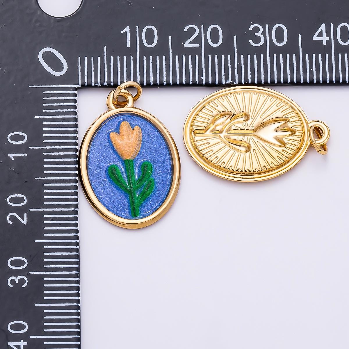 PVD Gold Stainless Steel 22mm Blue Enamel Tulip Flower Oval Charm Colorful Medallion Pendant Spring Botanical Necklace | Charms-01343