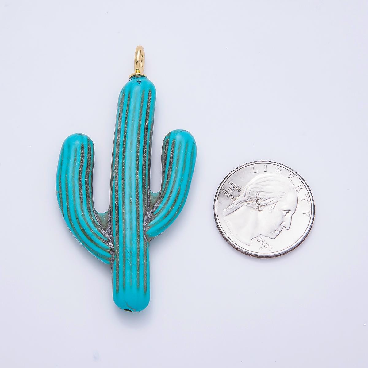 18k Gold Filled 67mm Carved Turquoise Cactus Pendant Southwestern Desert Chic Charm DIY Jewelry Making Supply Gift for Her | CHARMS-00356