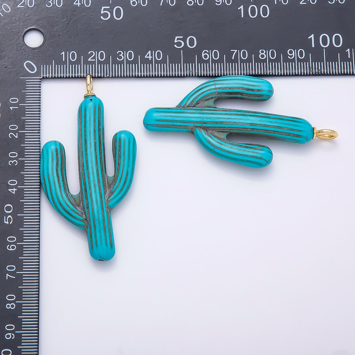 18k Gold Filled 67mm Carved Turquoise Cactus Pendant Southwestern Desert Chic Charm DIY Jewelry Making Supply Gift for Her | CHARMS-00356