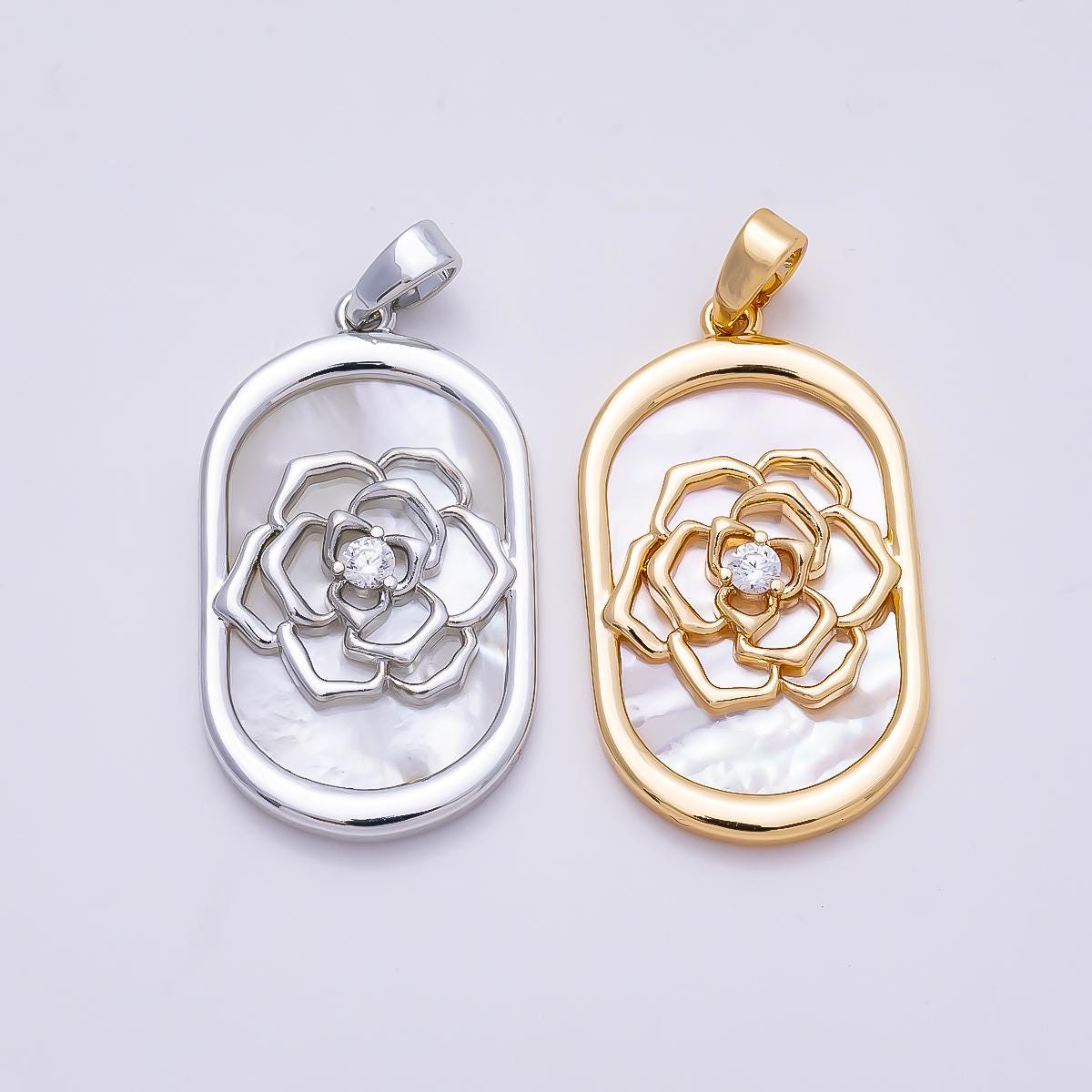 16k Gold Filled 27mm Mother of Pearl Gold and Silver Flower Pendant Sparkling CZ Rose Medallion DIY Jewelry Making Supply | CHARMS-01360
