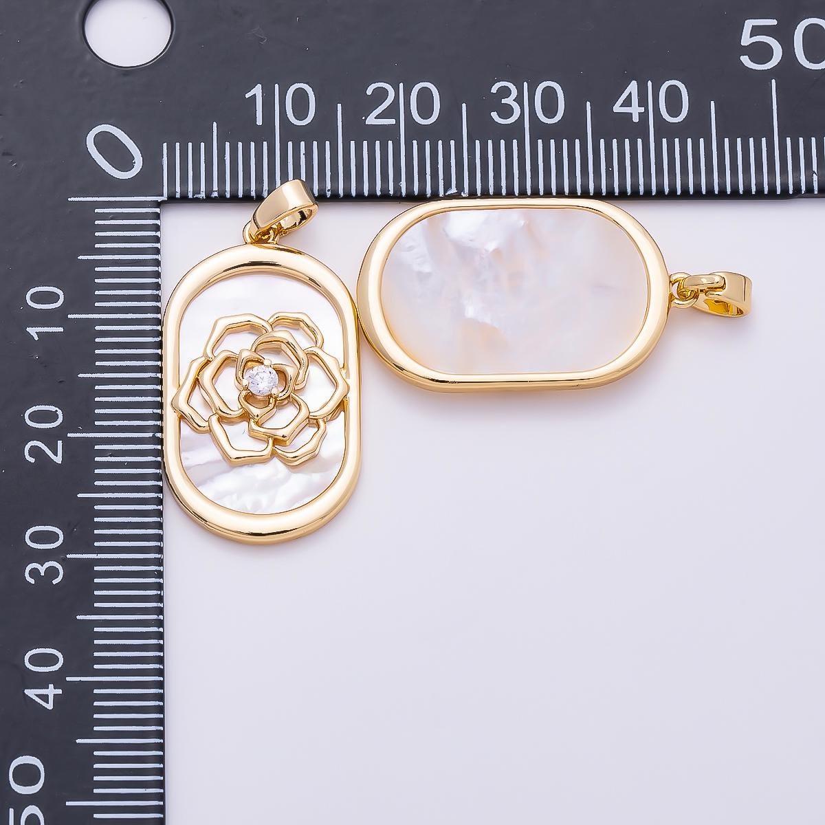 16k Gold Filled 27mm Mother of Pearl Gold and Silver Flower Pendant Sparkling CZ Rose Medallion DIY Jewelry Making Supply | CHARMS-01360