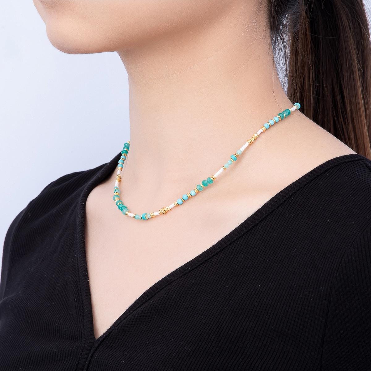Handmade 4mm Amazonite White Quartz Rondelle Gemstone Chain 16 Inch Necklace | WA-00460