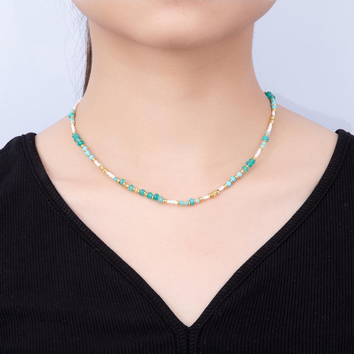 Handmade 4mm Amazonite White Quartz Rondelle Gemstone Chain 16 Inch Necklace | WA-00460