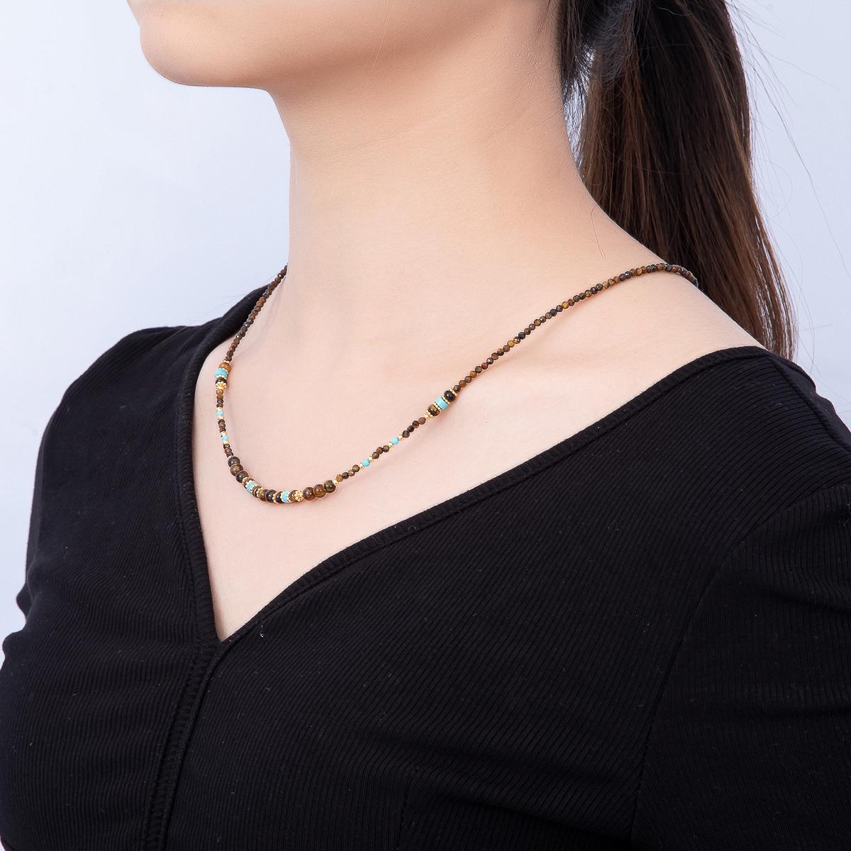 Handmade 4mm Turquoise Tiger Eye Round Gradient Gemstone Chain 22 Inch Necklace Boho Earthy Coastal Jewelry Gift for Her | WA-00491